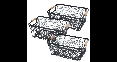 Opbergmand - 3x - met handgrepen - zwart - metaal - 35 x 23 x 16 cm - draadmand