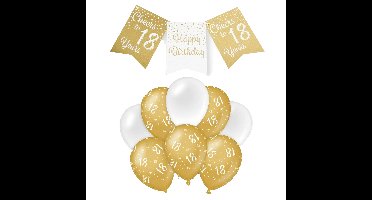 Paperdreams Luxe 18 jaar feestversiering set - Ballonnen & vlaggenlijnen - wit/goud