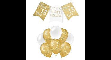 Paperdreams Luxe 18 jaar feestversiering set - Ballonnen & vlaggenlijnen - wit/goud