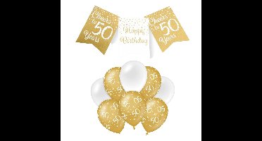 Paperdreams Luxe 50 jaar feestversiering set - Ballonnen & vlaggenlijnen - wit/goud