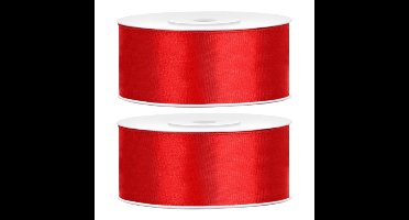 Partydeco Cadeaulint - 2x - rood - 2,5 cm x 25 meter - satijn - sierlint - inpakken - decoratie