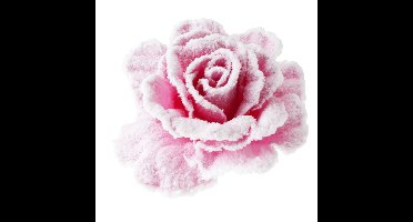 Pastel roze rozen met sneeuw op clip 10 cm - kerstversiering
