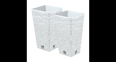 Plantenpot/bloempot Furu Stripes - 2x - voor buiten - kunststof - wit - vierkant - D24 x H45 cm