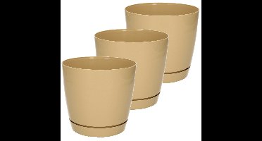 Plantenpot/bloempot met opvangschaal - Set van 3x stuks - kunststof - beige - D16 x H14 cm - binnen/