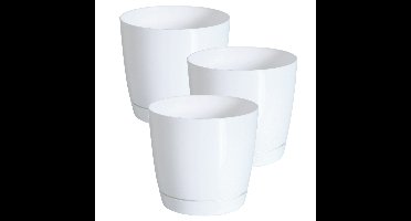 Plantenpot/bloempot met opvangschaal - Set van 3x stuks - kunststof - parel wit - D21 x H19 cm - bin