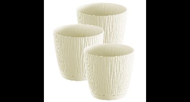 Plantenpot/bloempot Waves - 3x stuks - kunststof - creme wit - D13 x H12 cm - binnen/buiten