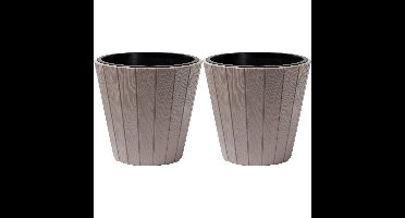 Plantenpot/bloempot Wood Style - 2x - buiten/binnen - kunststof - beige - D30 x H28 cm