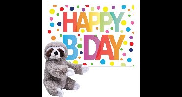 Pluche dieren knuffel luiaard 25cm met Happy Birthday wenskaart