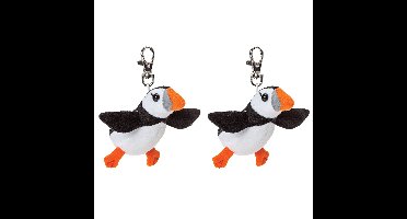 Pluche knuffeldier Papegaaiduiker vogel sleutelhanger - 2x - zwart/wit - 9 cm - clip sluiting