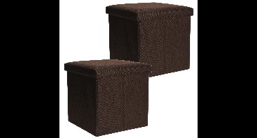 Poef/hocker/krukje - 2x - opbergbox - bruin - polyester - 38 x 38 cm - opvouwbaar