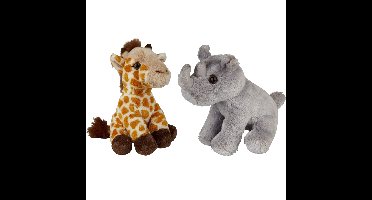 Ravensden - Safari dieren knuffels - 2x stuks - Giraffe en Neushoorn - 15 cm - Dieren knuffels