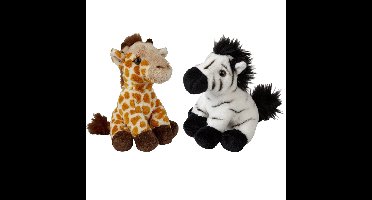 Ravensden - Safari dieren knuffels - 2x stuks - Zebra en Giraffe - 15 cm - Dieren knuffels