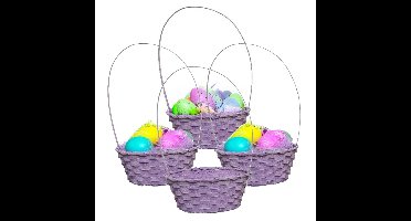 Rieten mandje met hengsel - 4x - paars - D20 x H38 cm - paasmandje