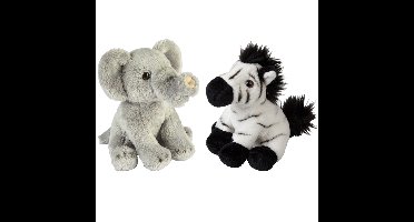 Safari dieren serie pluche knuffels 2x stuks - Olifant en Zebra van 15 cm