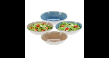 Serveerschaal/saladeschaal - set 4 stuks - D30 x H9 cm - bruin / blauw