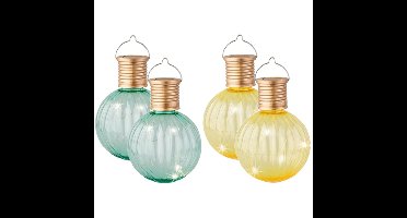 Set van 10x stuks buiten led gele en turquoise lampion solar verlichting 11 cm