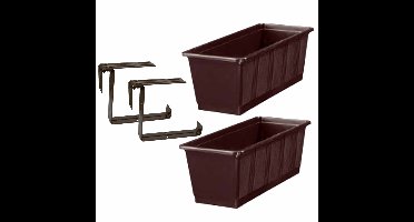 Set van 2 kunststof plantenbakken bruin rechthoekig 40 cm met 4 verstelbare railing beugels
