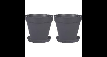 Set van 2x stuks bloempotten Toscane kunststof antraciet D30 x H26 cm inclusief onderschalen D23 cm