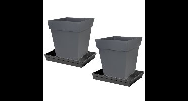 Set van 2x stuks bloempotten Toscane vierkant kunststof antraciet 39 x 39 x 39 cm inclusief ondersch