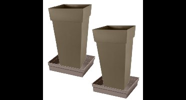 Set van 2x stuks bloempotten Toscane vierkant kunststof taupe 43 x 43 x 80 cm inclusief onderschalen