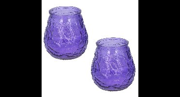 Set van 2x stuks citronella lowboy tafelkaarsen - 10 cm - paars glas - 15 branduren
