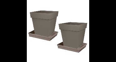 Set van 3x stuks bloempotten Toscane vierkant kunststof taupe 32 x 32 x 32 cm inclusief onderschalen
