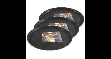 Set van 3x stuks dienblad - anti-slip - zwart - kunststof - d35 x h2 cm - vaatwasbestendig