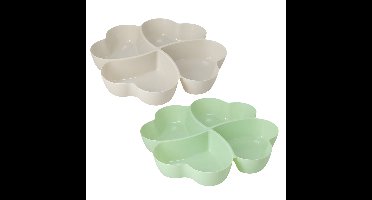 Snackschaal / serveerschaal bloem - set 2x - met vakverdeling - wit / groen - kunststof - D32 cm