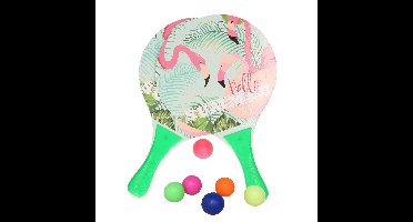 Summertime Beachball set - hout - kleurenmix - strand sport speelset - met 6x balletjes