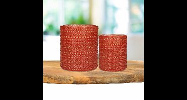 Theelichthouders set - 2x - rood/goud - glas - luxe kaarsenhouders