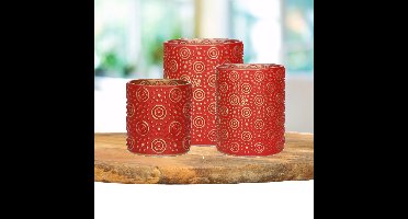 Theelichthouders set - 3x - rood/goud - glas - luxe kaarsenhouders
