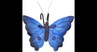 Tuindecoratie bloempothanger vlinder - kunststeen - blauw - 13 x 10 cm