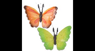 Tuindecoratie bloempothangers vlinder - set 2x - groen/oranjerood - kunststeen - 13 x 10 cm