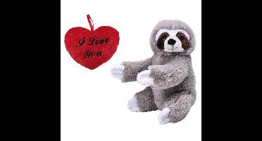 Valentijn Love cadeau set - Knuffel Luiaard met rood Love you hartje 10 cm