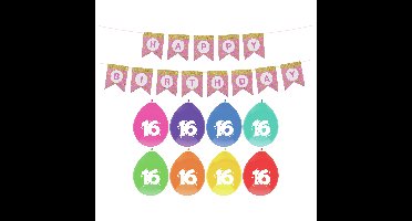 Verjaardag 16 jaar geworden versiering - 16x thema ballonnen - 1x Happy Birthday slinger 300 cm