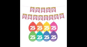 Verjaardag 25 jaar geworden versiering - 16x thema ballonnen - 1x Happy Birthday slinger 300 cm