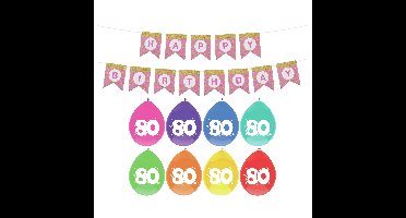 Verjaardag 80 jaar geworden versiering - 16x thema ballonnen - 1x Happy Birthday slinger 300 cm