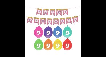 Verjaardag 9 jaar geworden versiering - 16x thema ballonnen - 1x Happy Birthday slinger 300 cm