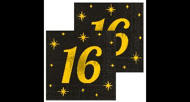 Verjaardag feest servetten - leeftijd 16 jaar - 32x stuks - zwart/goud - sterren - 33 x 33 cm