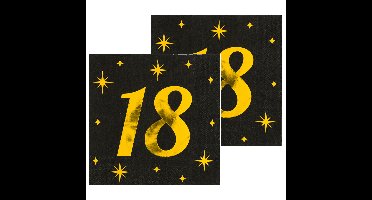 Verjaardag feest servetten - leeftijd 18 jaar - 32x stuks - zwart/goud - sterren - 33 x 33 cm