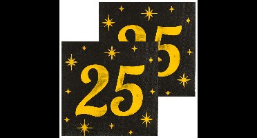 Verjaardag feest servetten - leeftijd 25 jaar - 32x stuks - zwart/goud - sterren - 33 x 33 cm