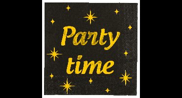 Verjaardag feest servetten - Party Time - 16x stuks - zwart/goud - 33 x 33 cm