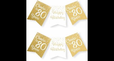 Verjaardag vlaggenlijn 80 jaar - 2x - binnen - karton - wit/goud - 600 cm