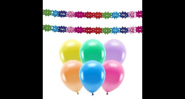 Verjaardag woonkamer versiering set - 2x slingers - en 100x party ballonnen - in mix kleuren