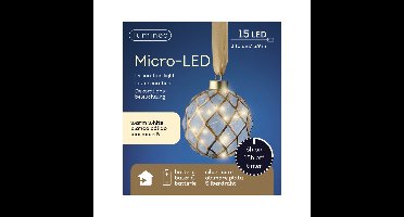 Verlichte kerstbal - glas - aan lint - D10 cm - goud - 15 led lampjes - warm wit