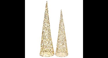 Verlichte LED kegels/kerstboom - 2x st - goud - H60 en H80 cm