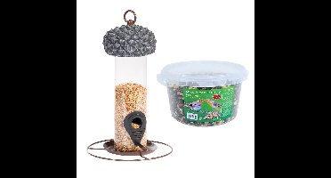 Vogel voedersilo met eikeldeksel metaal/pvc 27 cm inclusief 4-seizoenen energy vogelvoer
