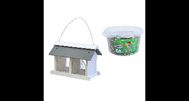 Vogelhuisje/voedersilo met twee vakken hout/leisteen 31 cm inclusief 4-seizoenen energy vogelvoer