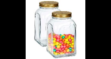 Voorraadpot/bewaarpot Square - 2x - glas - 1,5L - transparant/goud - 10 x 19 cm - luchtdicht
