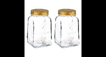 Voorraadpot/bewaarpot Square - 2x - glas - 1,5L - transparant/goud - D10 x H19 cm - voedsel bewaren